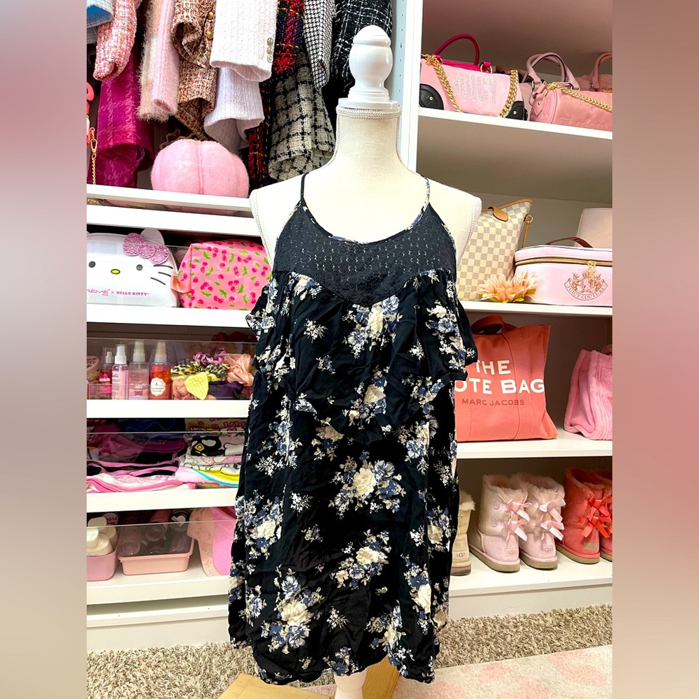 Torrid Women Black Floral Print Lace Inset Ruffle Challis Tank Top 3x